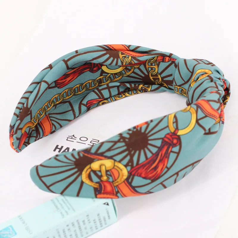 Blue Retro Print Hairband Adults Top Knot Hair Headband Ladies Bohemian Hairband Bow Women Outdoor Headdress Wide Head Band