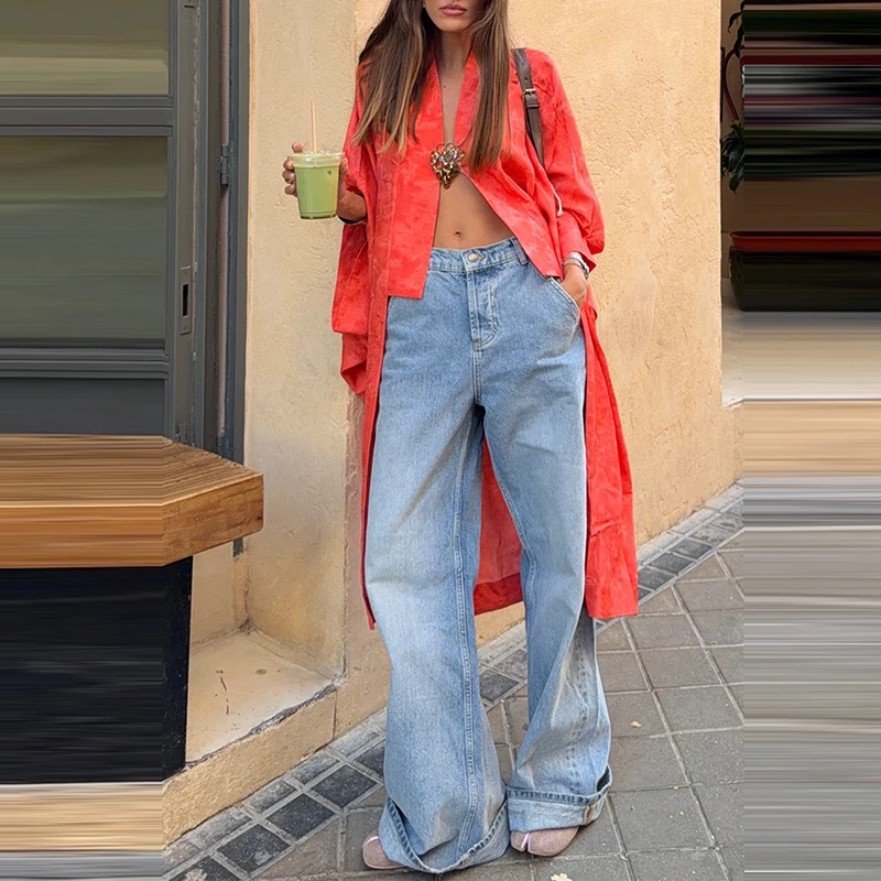Casual Batwing Sleeve Metal Buckle Tops Elegant V-neck Loose Holiday Cardigan Women's Fashion Hight Street Simple Long Cover Up