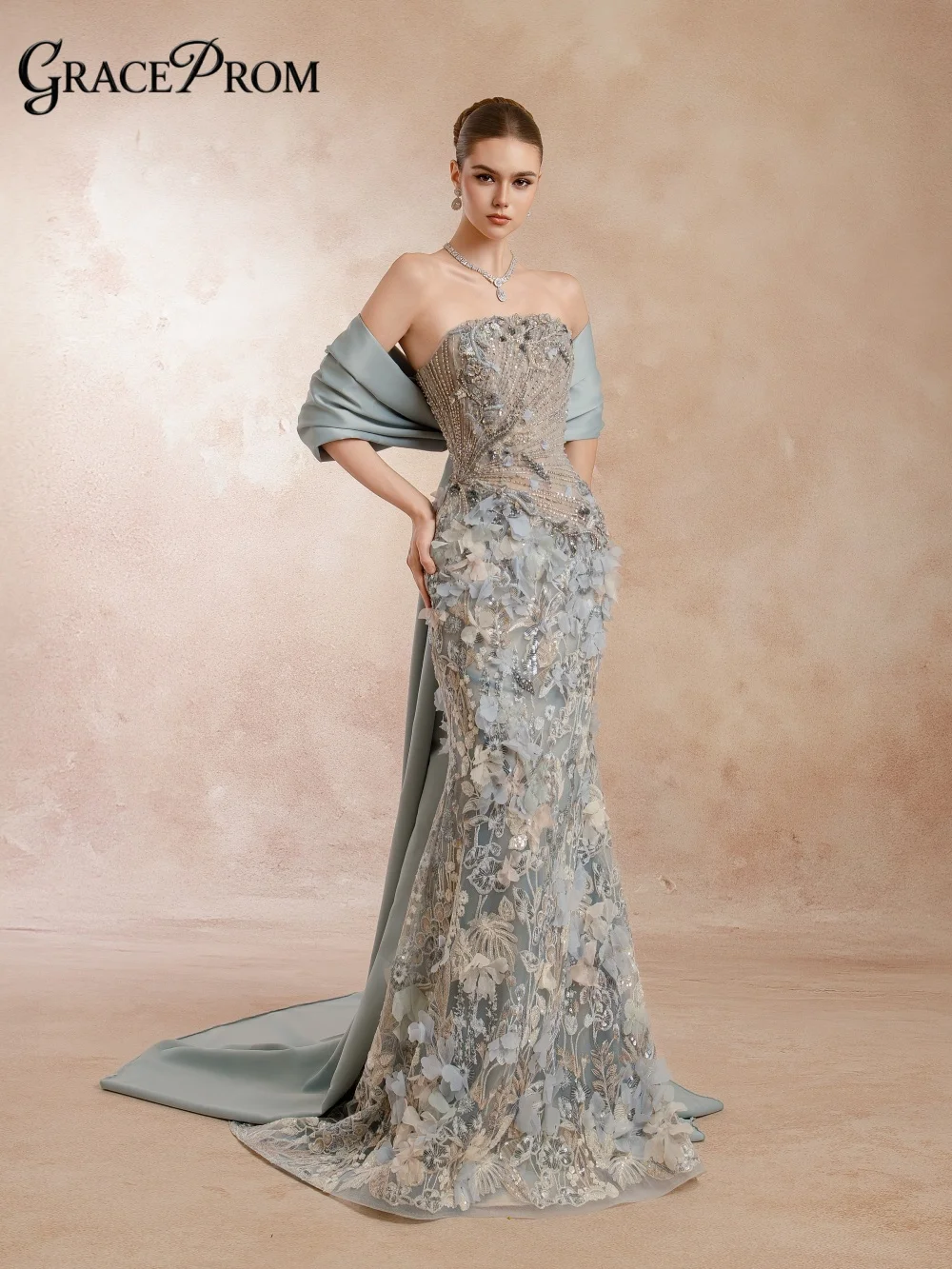 

Elegant Lace Applique Mermaid Party Dress Strapless Beaded Bodice Sweeping Train Evening Gown For Wedding Guests فساتين سهرة