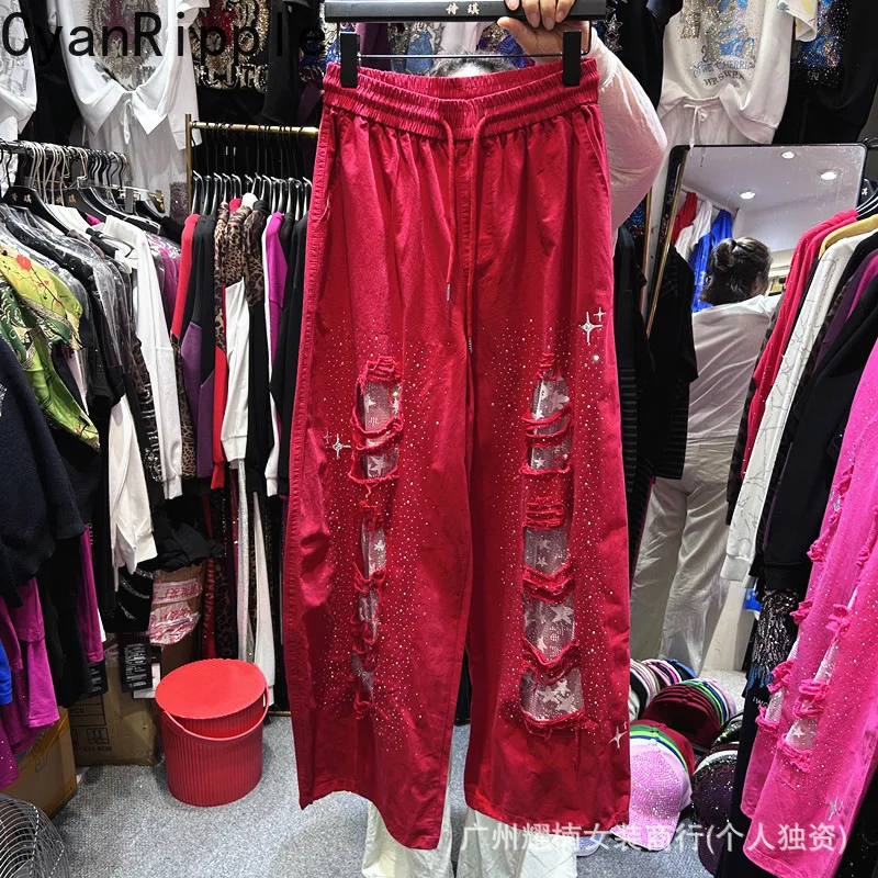 

Американские летние женские прямые брюки с завязками на эластичной талии, с вырезами и кружевом, в стиле Spice Girls, повседневные брюки