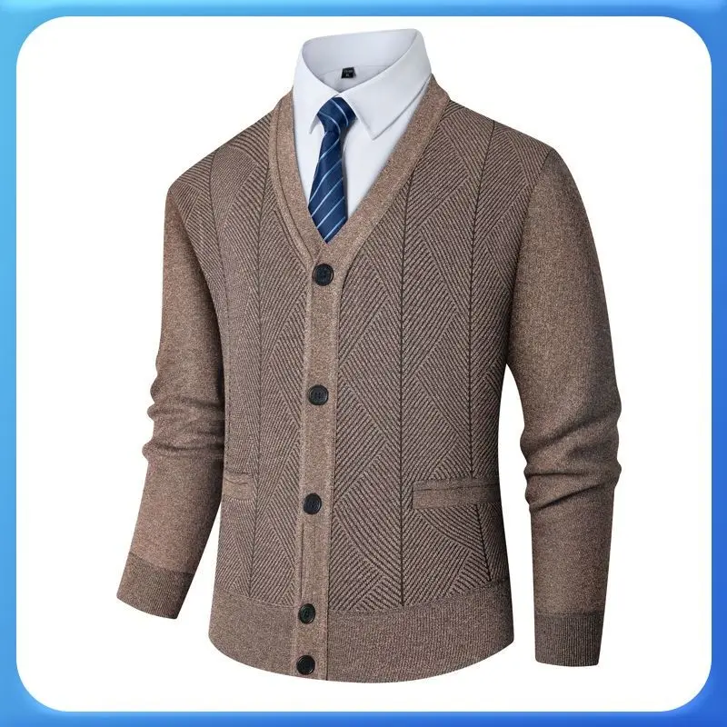 

Men's Autumn Winter Thiened Knitted Cardigan Middle-Aged Dad Pure Color Base irt Warmth Clothing Chien Heart Collar