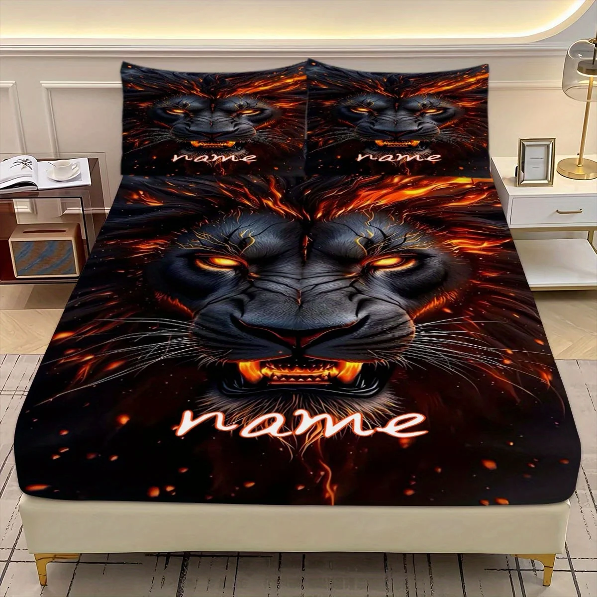 Customize (Customized) Bed Sheet Set - 3pcs Lion Print Pattern Customizable Name Mattress Protector (1 Fitted Sheet + 2 Pillowca