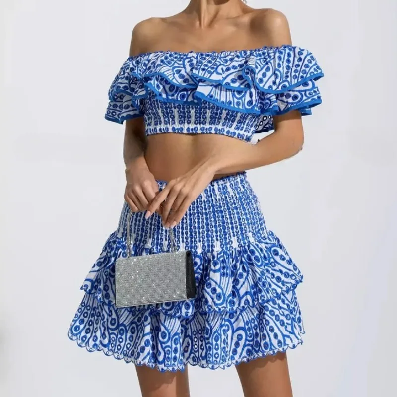 

Runway Design Two Piece Sets Women Floral Embroidery Off The Shoulder Tops and Skirt Evening Party Vintage Skirt Sets