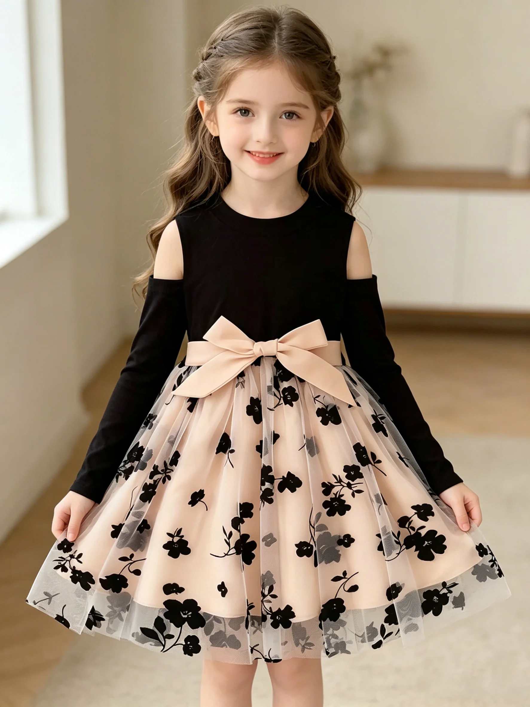 Mädchen-Midikleid mit Blumenmuster und Mesh-Einsätzen, Rundhalsausschnitt, lange Ärmel, elegantes, modisches Frühlings- und Herbstkleid mit Gürtel