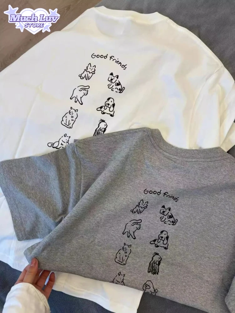 

Cute Cat and Dog Printed T-shirt 100% Cotton Shirt Summer Women's Commute Clothing Summer Fashion Casual Comfy Short Sleeve Top