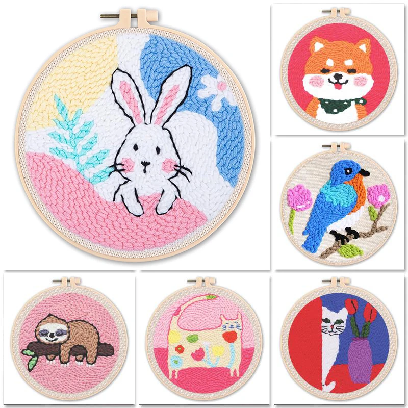 

20x20cm Punch Needle Kits DIY Embroidery Starter Kits For Beginner Cute Animal Sewing Kit Poking Embroidery Easy Yarn Painting