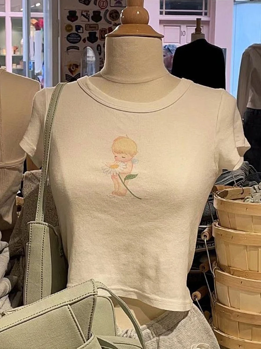 

Sweet Angel Print Slim Crop Top Women Summer Cute Graphic Round Neck Short Sleeve Cotton T-shirts Vintage Streetwear Y2k Tops