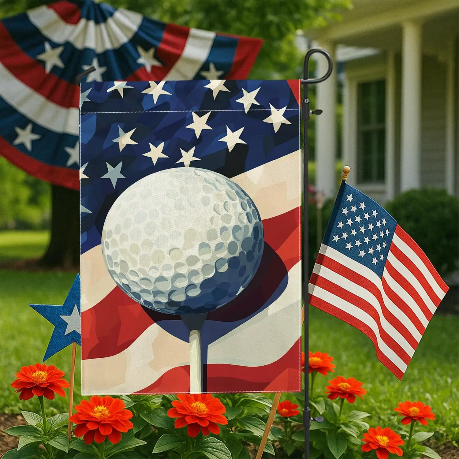 Patriotic Golf Ball Garden Flag, Blue White Red Stars Home Decor Lawn Banner, Double Sided Decorative Yard Flag Outdoor Deco PPZ