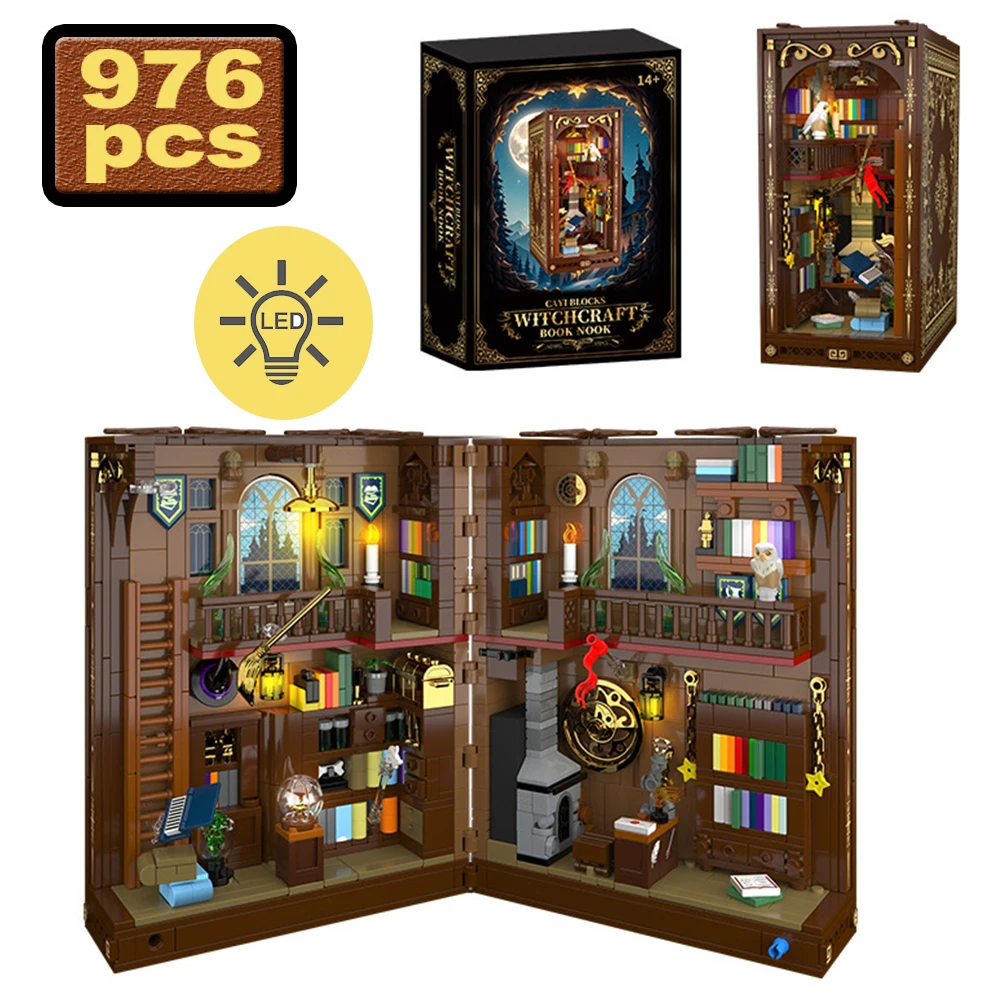 976PCS MOC Magic Book House Building Blocks With LED Light Expandable Creative Owl Fireplace Desk Ornament Brick Toys Kids Gifts