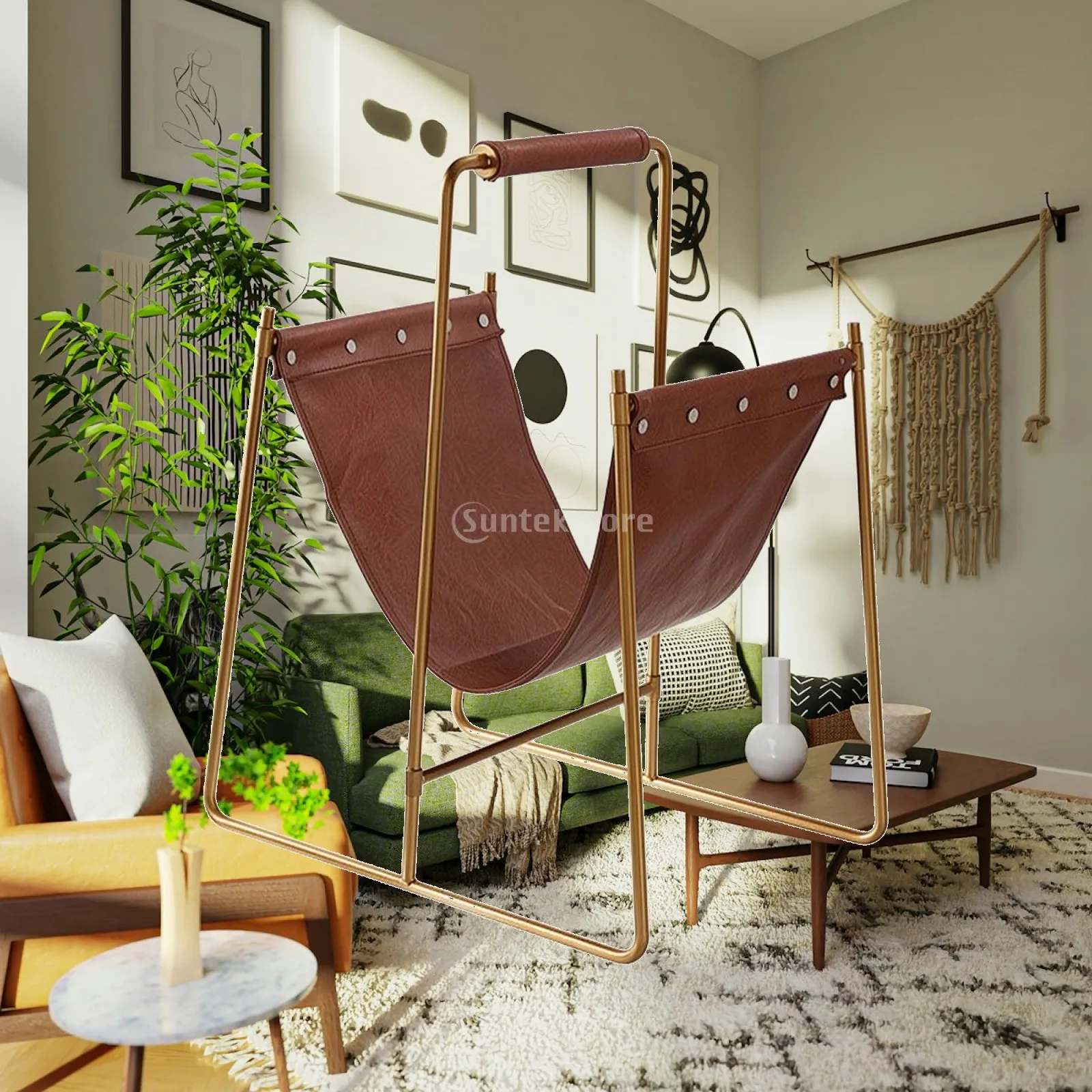 Magazine Rack with Leather Sling Antique-Finish Freestanding Magazine Rack Newspaper Stand Vintage Sturdy for Reading Nook