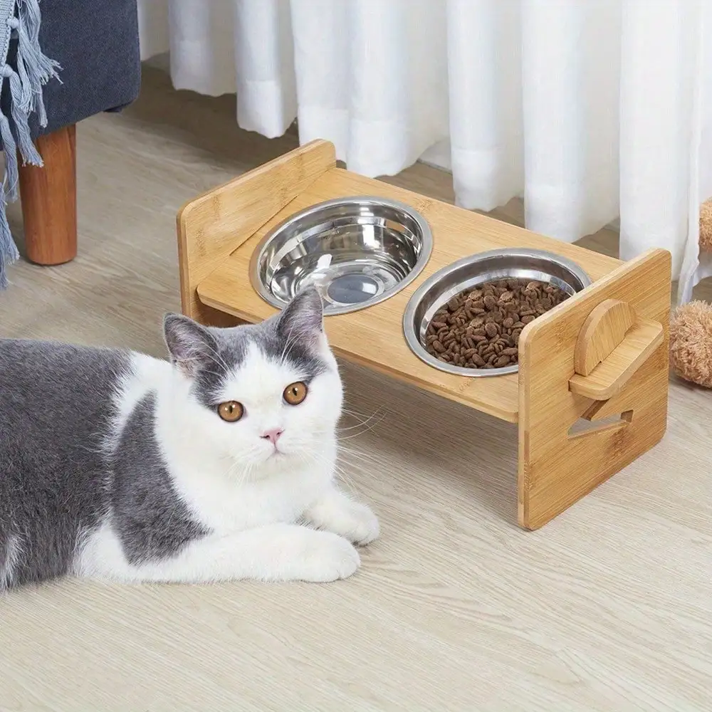 

Pet Dog Cat Food Feeding Stand Station Stainless Double Raised Bowls Dish Holder