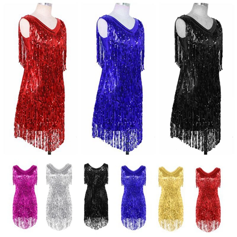 Tassel Fringe Sequin Latin Dance Dress Women Sexy Ballroom Salsa Tango Cha Cha Rumba Samba Outfits Dancewear