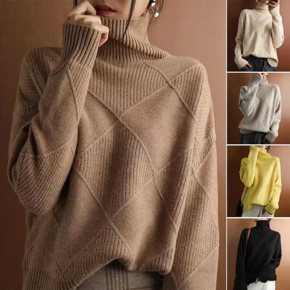 Women Crochet Knit Sweater Cable Knit Pullover Cozy High Collar Crochet Texture Women's Sweater Solid Color Pullover for Warmth