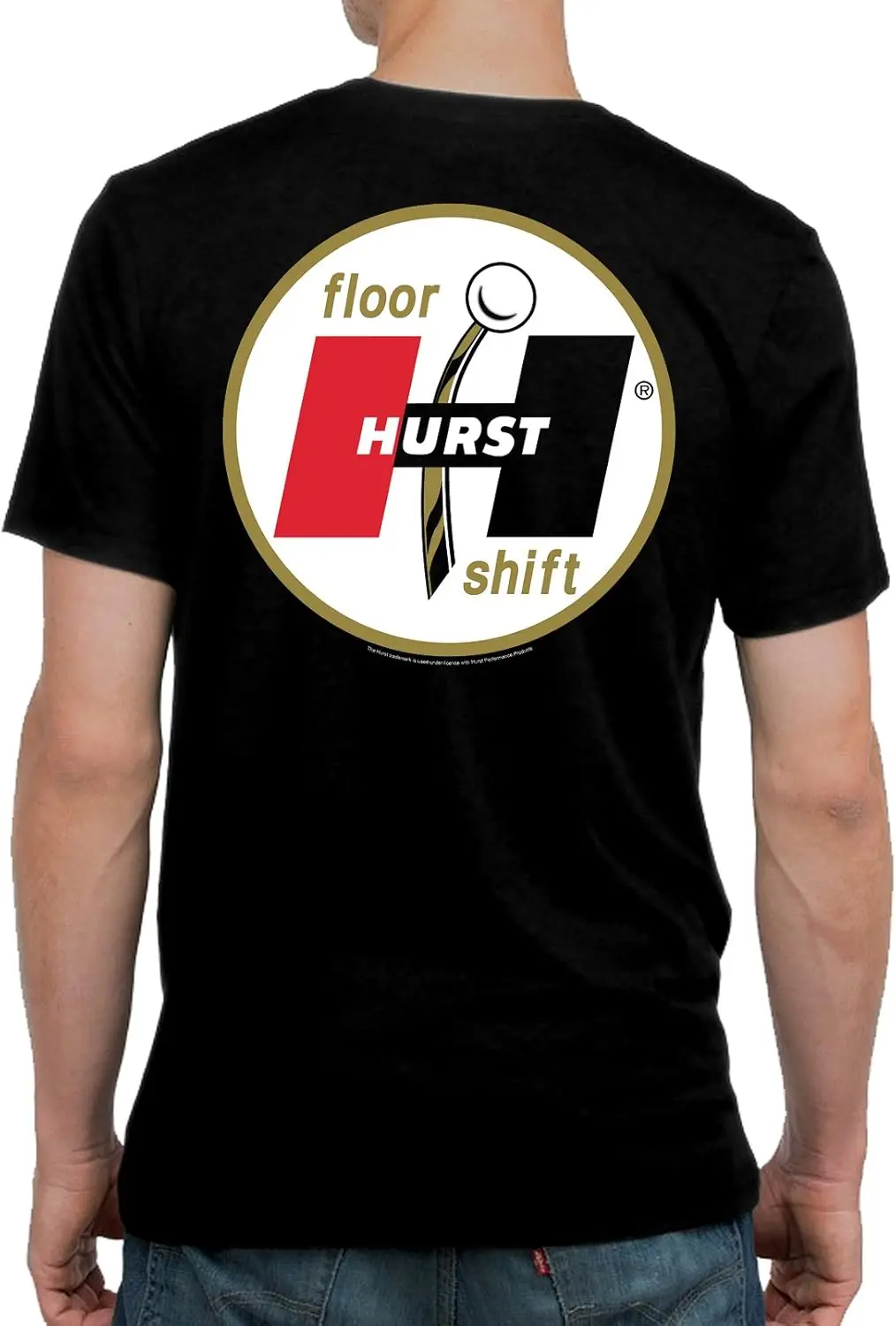 Hurst Gold Floor Shift Black T-Shirt: Hurst Shifter Wheels Decal Drag Gasser