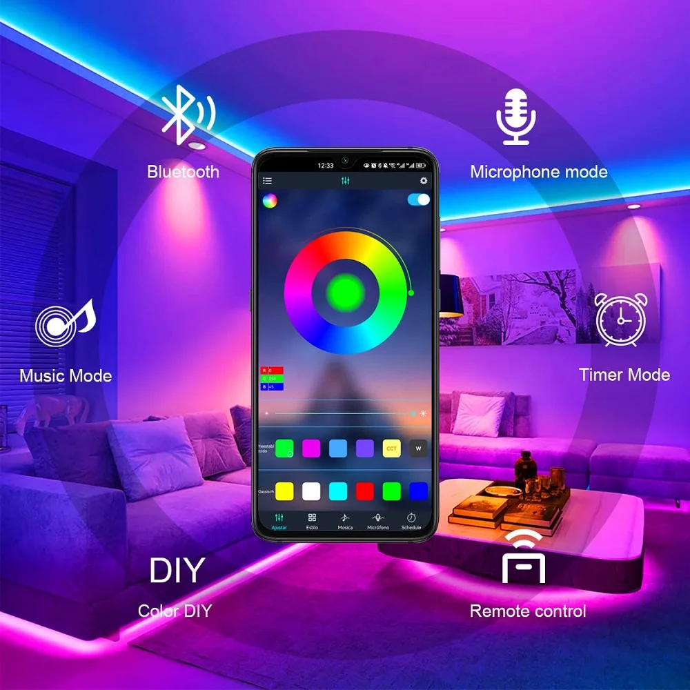 RGB USB LED Strip APP Control with 44 Key Remote Control Music Sync Suitable for Living Room, Kitchen, Esports Decoration Night