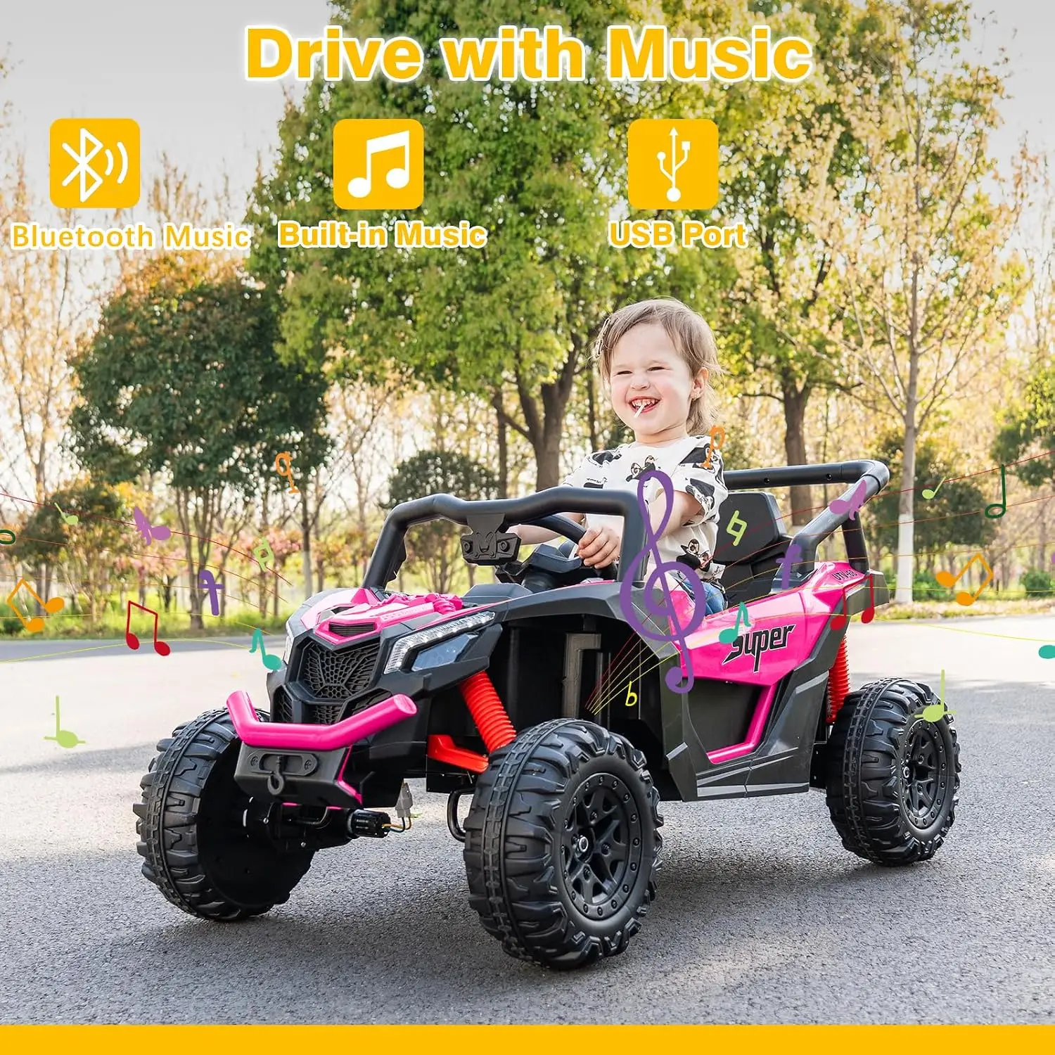 24V Kids Electric Ride On Car Toy UTV Remote 4WD Pink Age 3 7 Parent Bluetooth Music All Terrain Tire Seatbelt Gas Pedal LED Lig