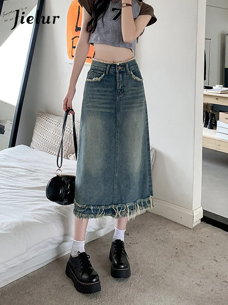 

Jielur Summer New Vintage High Waist Denim Skirts Woman Casual Fashion Simple Women's Skirts Blue Basic A-line Skirt Female