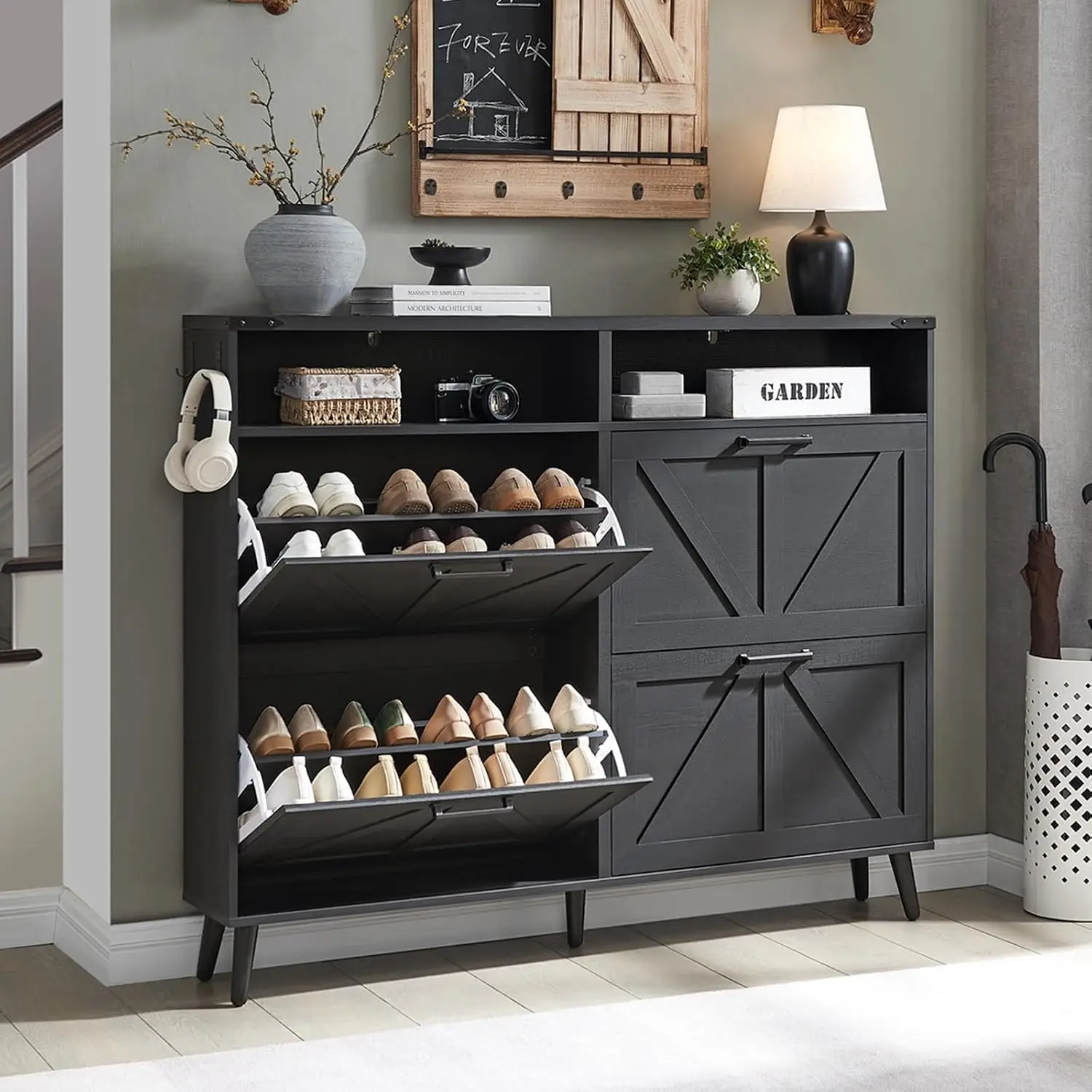 Farmhouse Shoe Cabinet 4 Flip Drawers & Open Shelf Entryway Organizer, Customized