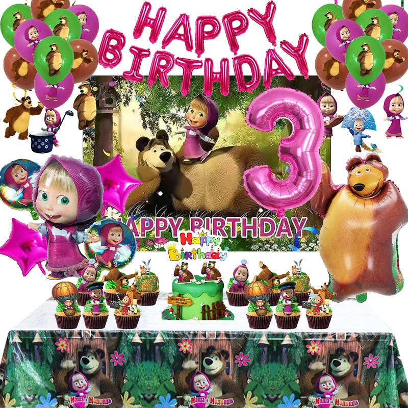 Masha And The Bear Birthday Party Decorations Cartoon Party Supplies Balloons Disposable Tableware Sets For Kids Girls Gift Cups