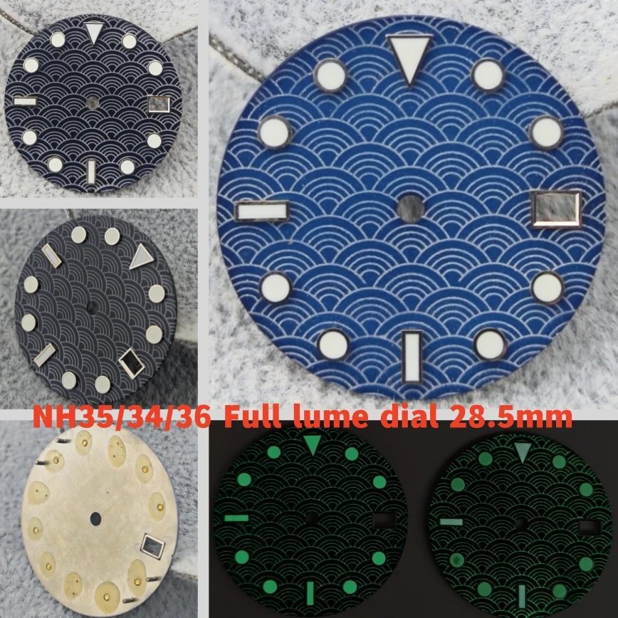 

Fish Scale Dial drak Blue Wave Pattern full Green Luminous for Nh35/36/34 Automatic Movement Watch Accessories