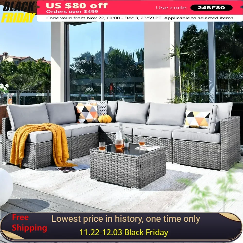 

Outdoor 7 Pc Coversation Set with Coffee Table,Sectional Patio Furniture Set with All-Weather Wicker Sofa,Modern Outside Couch