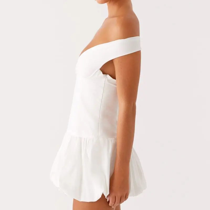 Combhasaki Women Summer Solid Color/Polka Dot Slash Neck Off Shoulder Backless Cutout Pleated Puffball Hem Short A-line Dress