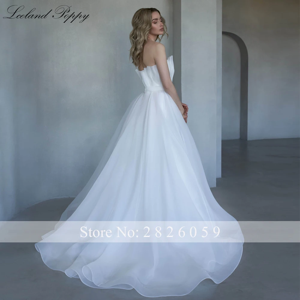Lceland Poppy Customized A Line Strapless Organza Wedding Dresses Pleated Floor Length Bridal Gowns with Removable Sleeves