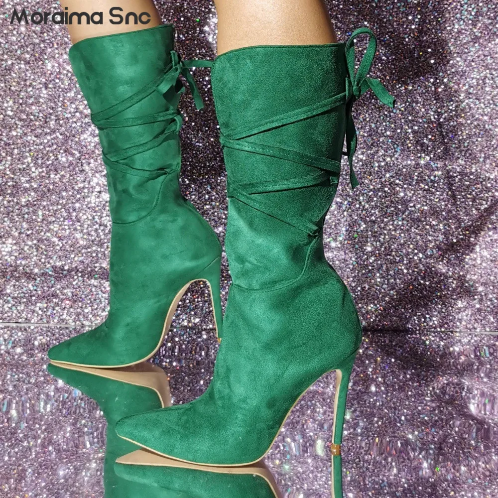 

Green Suede Back Strap Boots Pointed Toe Stiletto Heel Back Zipper Cross-Dressing Large Size Mid-Calf Boots Women's Sexy Boots