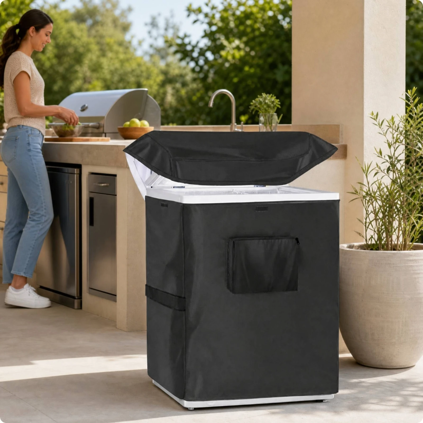 Chest Freezer Cover Windproof Freezer Cover with Zippered Pocket Sturdy Dustproof for Outdoor Storage, Garage