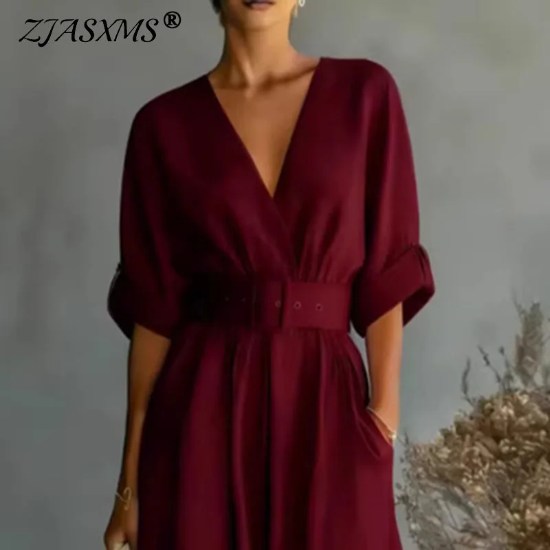 

Spring Elegant V Neck Belted Waist Women's Jumpsuits Casual Solid Pocket Pants Straight Rompers New Short Sleeve Summer Overalls