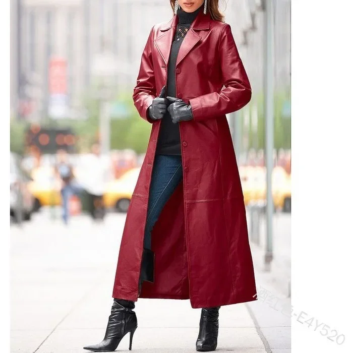 Winter Women\'s Fashion Cyberpunk Leather Long Jacket Casual Loose Button Solid Color Coats Lapel Biker Jacket Plus Size