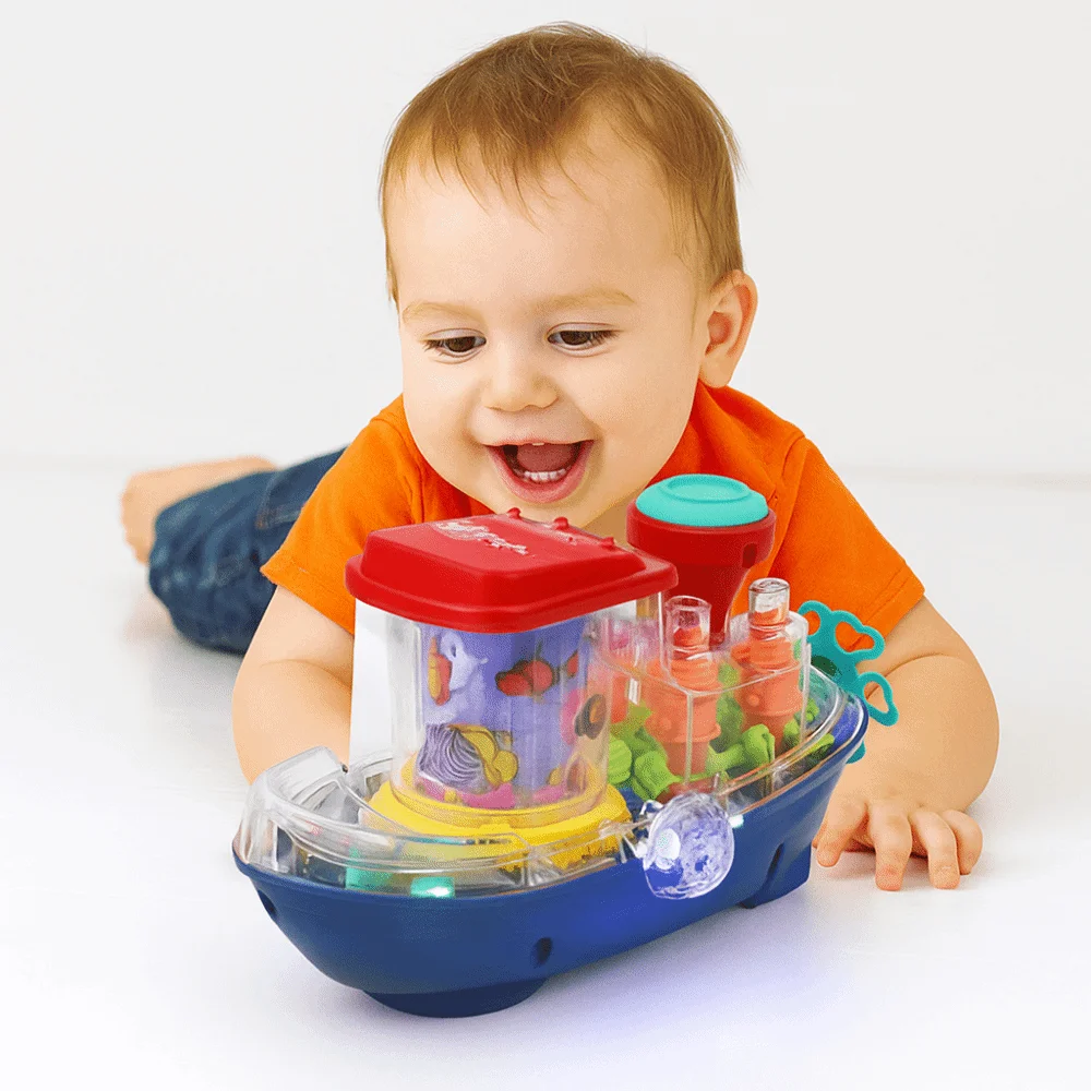 Brinquedos de viagem plástico transparente engrenagem mecânica carro som luz elétrica barco móvel navio musical meninas/meninos
