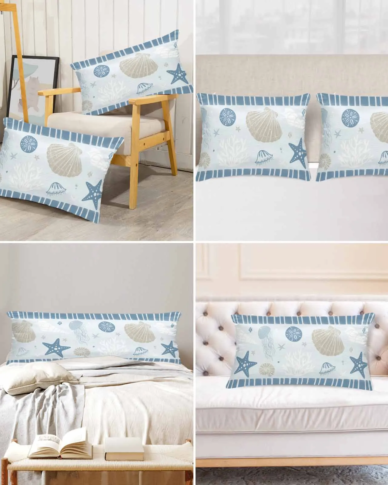 Ocean Striped Starfish Shell Jellyfish Coral Conch Blue Bed Satin Pillowcase Sofa Pillow Cover Case Bedroom Satin Cushion Covers