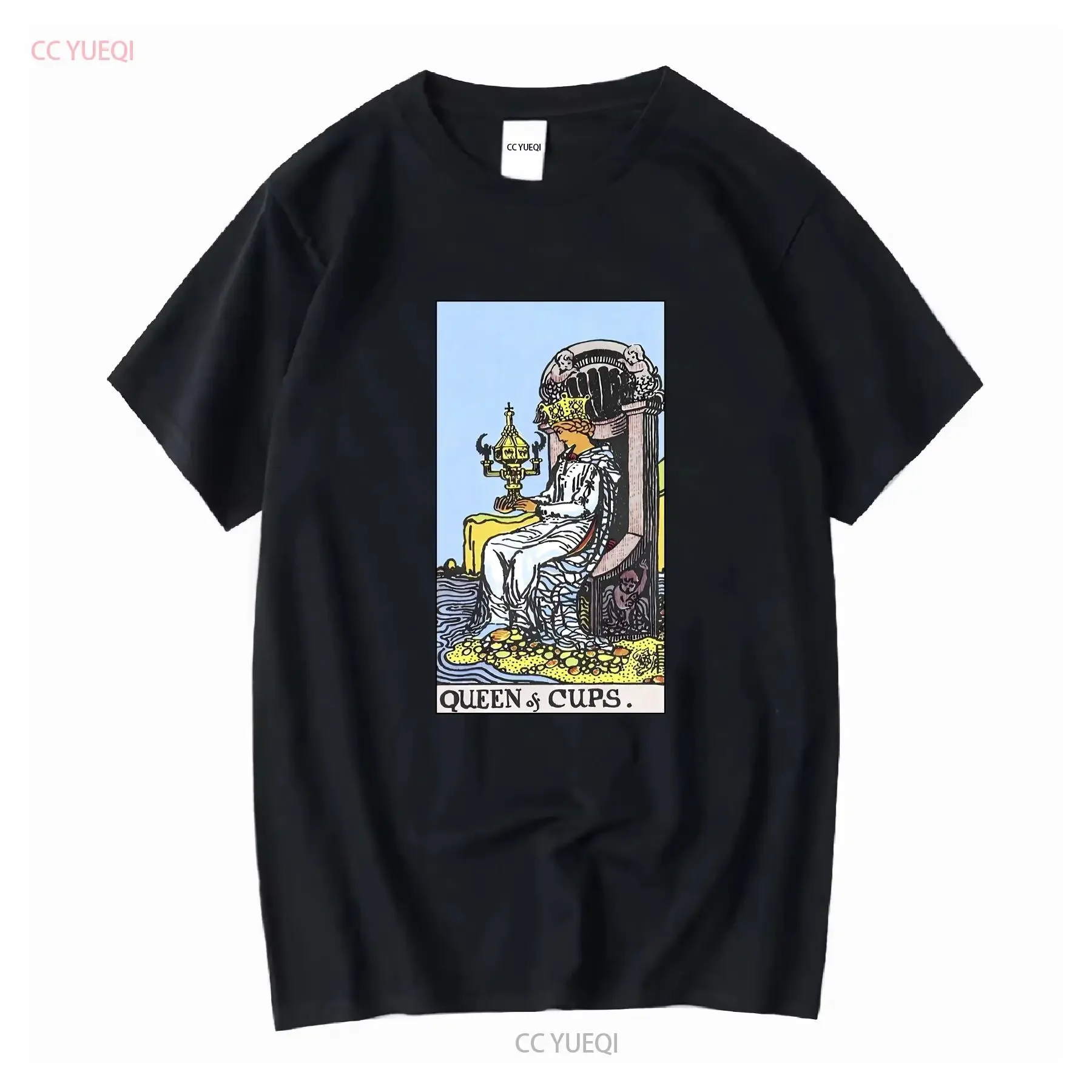 Carta de Tarot Vintage Reina de Copas, el original mazo Rider Waite dibujado a mano, estilo vintage, ligeramente desgastado, moda casual streetwear