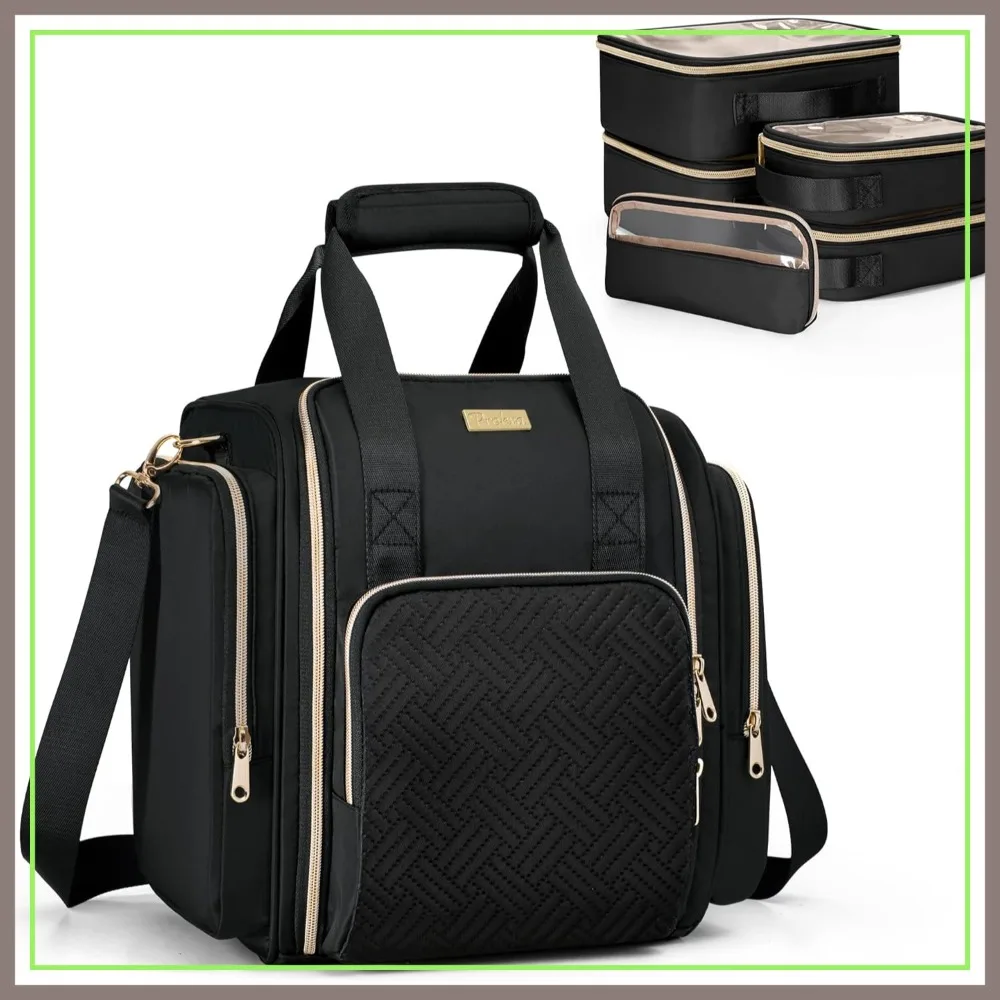 

Travel Makeup Bag with 5 Removable Cases, Large Cosmetic Organizer with Strap, Multiple Pockets, Black