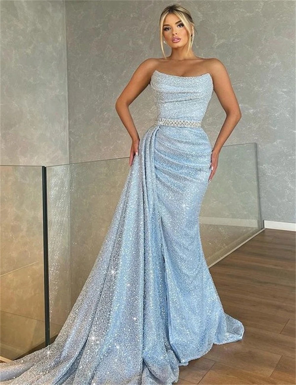 

Prom Dresses Long Luxury Women's Party Dress Sheath Strapless Sleeveless Sweep Train Sequined with Ruched Sequins Evening Gowns