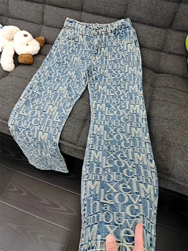 

Light Blue Embroidered Letter Slim Fit American Sle Summer High Street Vibe Men's Denim Jeans Straight Leg Long Trousers