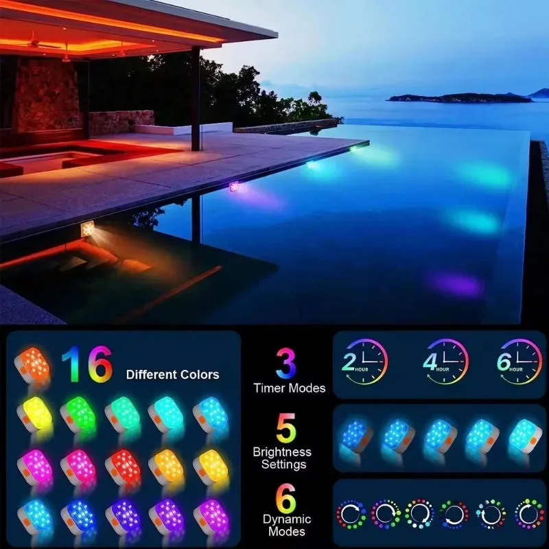 16 Colors Pool Light Rechargeable Submersible LED Light with Remote Control RGB LED Light IP68 Waterproof Underwater