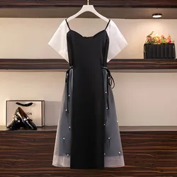 150Kg Plus Size Women's Bust 150 New Summer Loose V-Neck Temperament Stitching Dress Slim Waist Dress Black 5XL 6XL 7XL 8XL 9XL