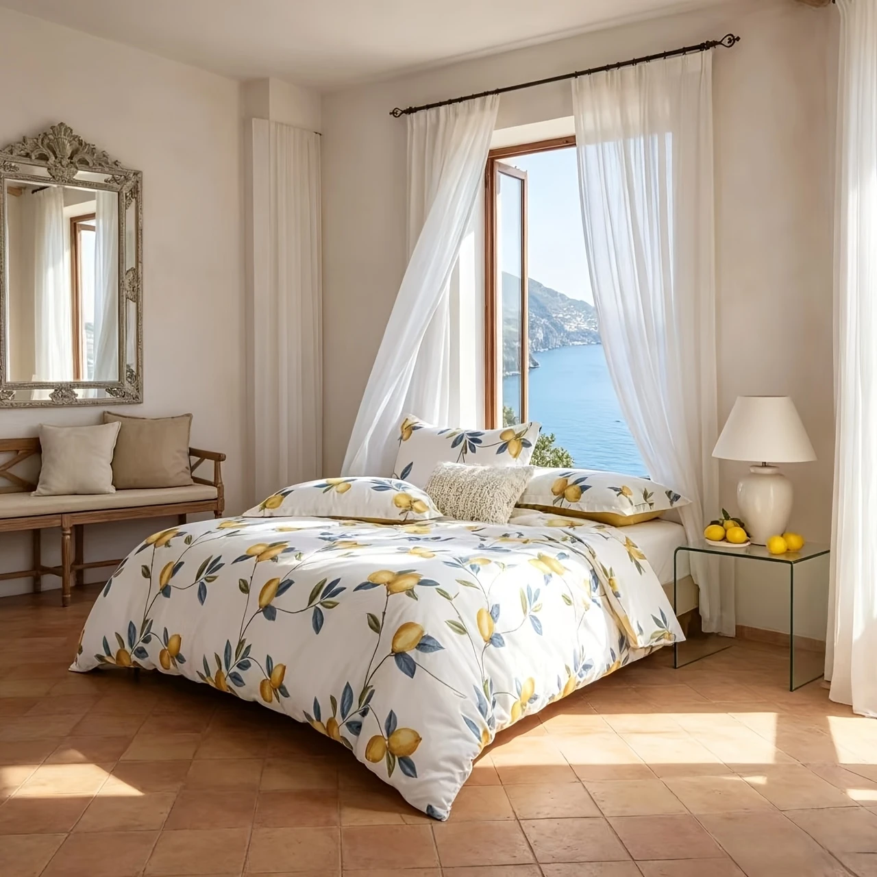 3Pcs Duvet Cover Set,100% Cotton,Lemon Branch Print Bedding Set,Fresh Yellow Lemon Fruit  Duvet Cover 2Pillowcases,Single/Double