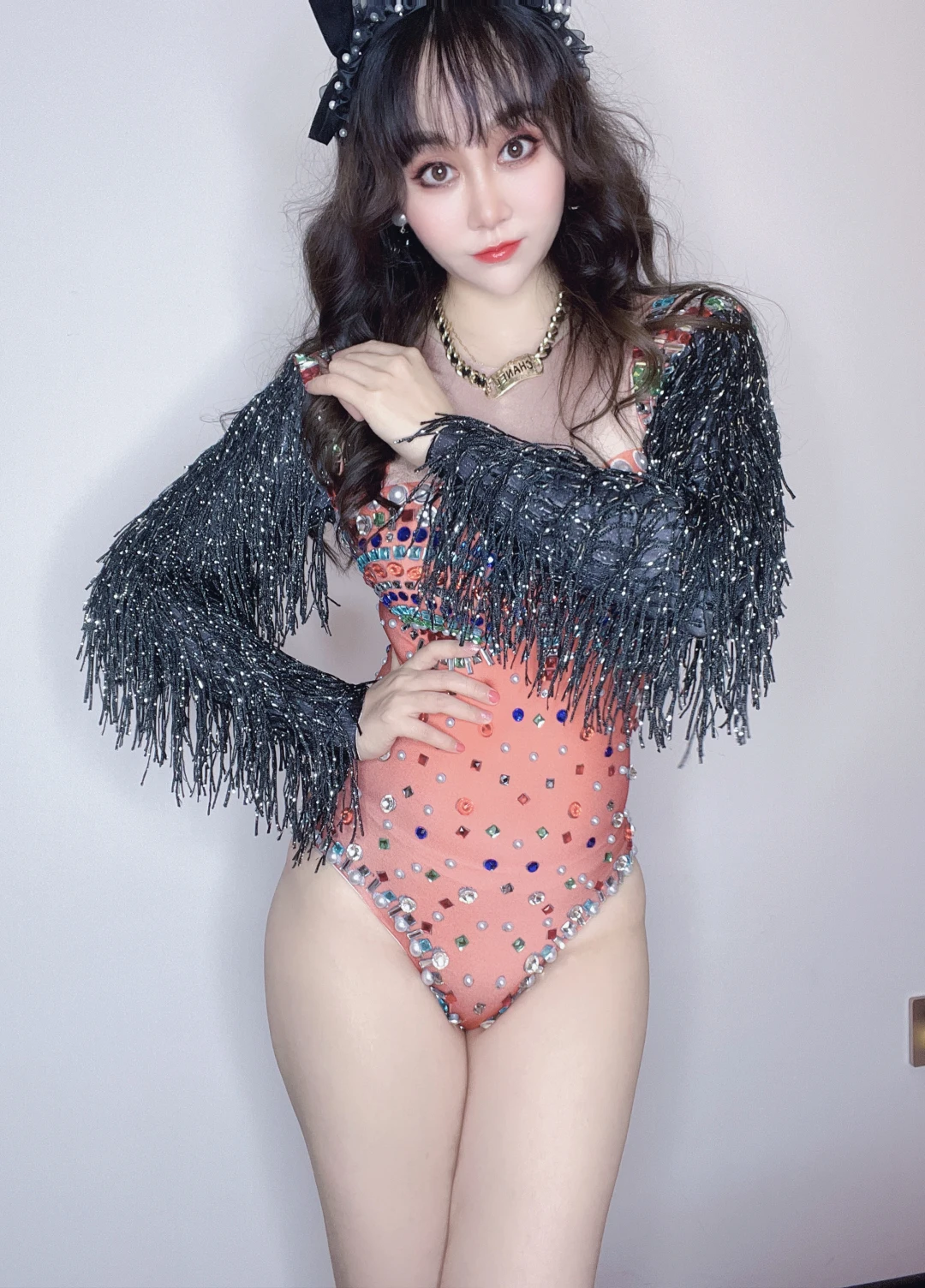 Multicolor คริสตัลพู่สีดำ Skinny Leotard Club Bar นักร้องนักเต้นเวทีเต้นรำ Bodysuit เทศกาลฉลองชุด