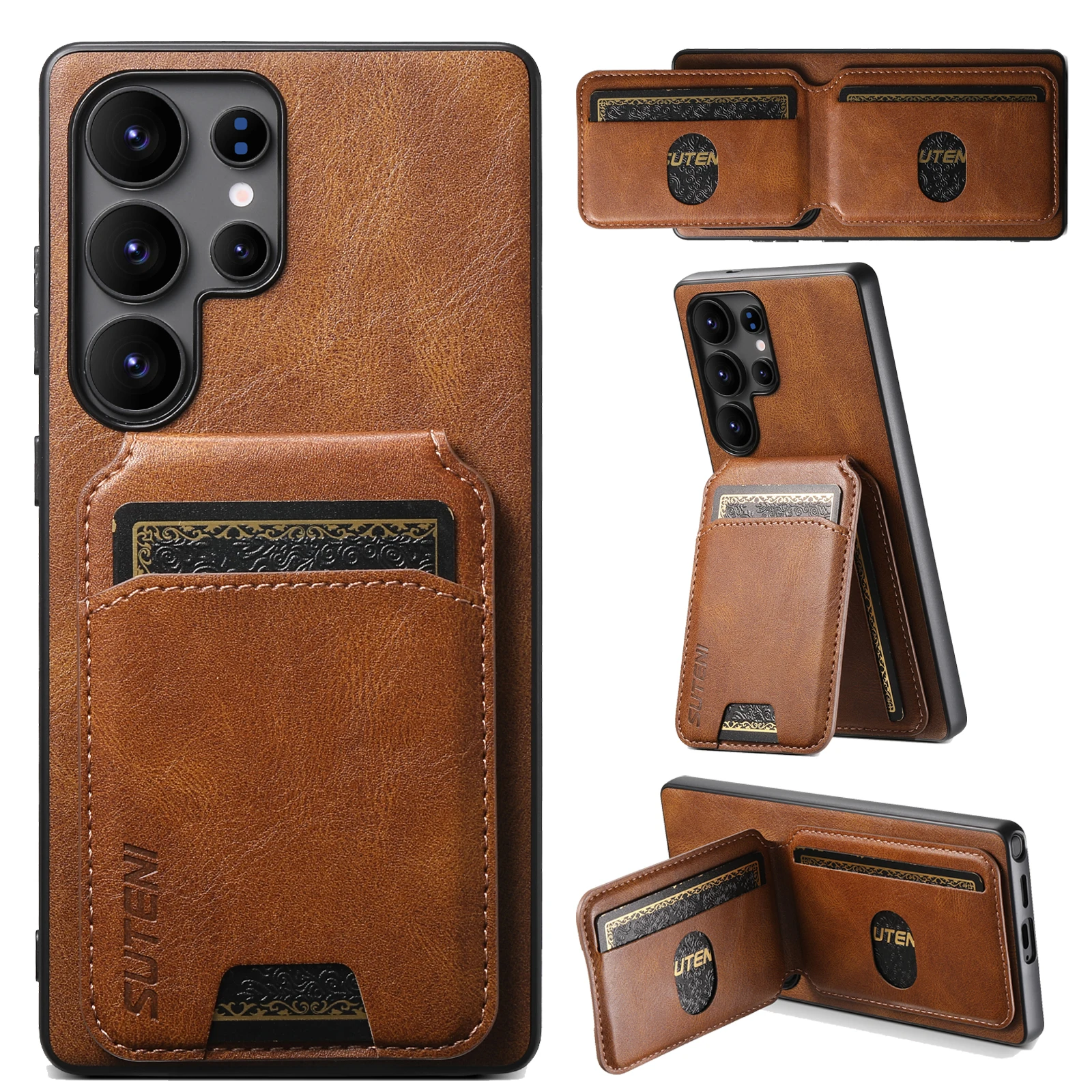 SUTENI Luxus Kunstleder Öl Wachs Glatte Oberfläche Telefon Fall Kartenhalter Ständer Für Samsung Galaxy S26 Ultra S25 Plus S24 S23 S22
