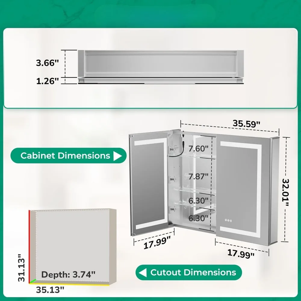 36x32 LED Recessed Medicine Cabinet, Anti-Fog Mirror Medicine Cabinet with Light and Electrical Outlet for Bathroom Modern Decor