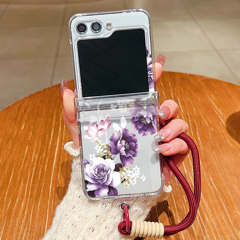 Lila Blumenmuster-Handyhülle mit Handschlaufe für Samsung Galaxy Z Flip 7 FE 6 5 4 3 5G Faltbare Hülle für Samsung Z Flip7 Flip6