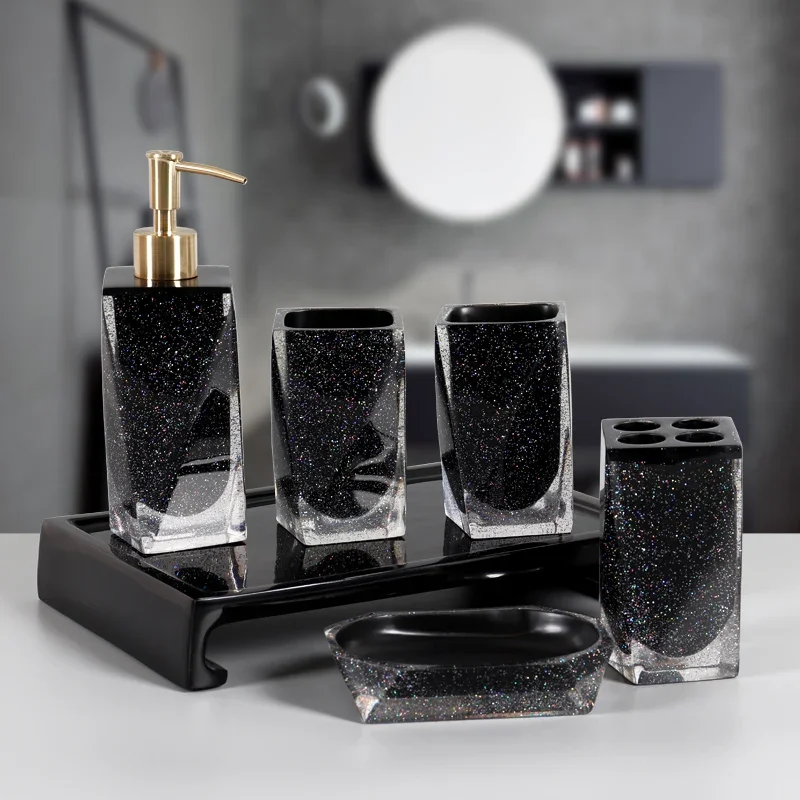 

Bathroom Five Piece Set Black Toiletry Set Lotion Bottle Mouthwash Cup Tray Bathroom Storage Accessories Toilet Soap Dispenser