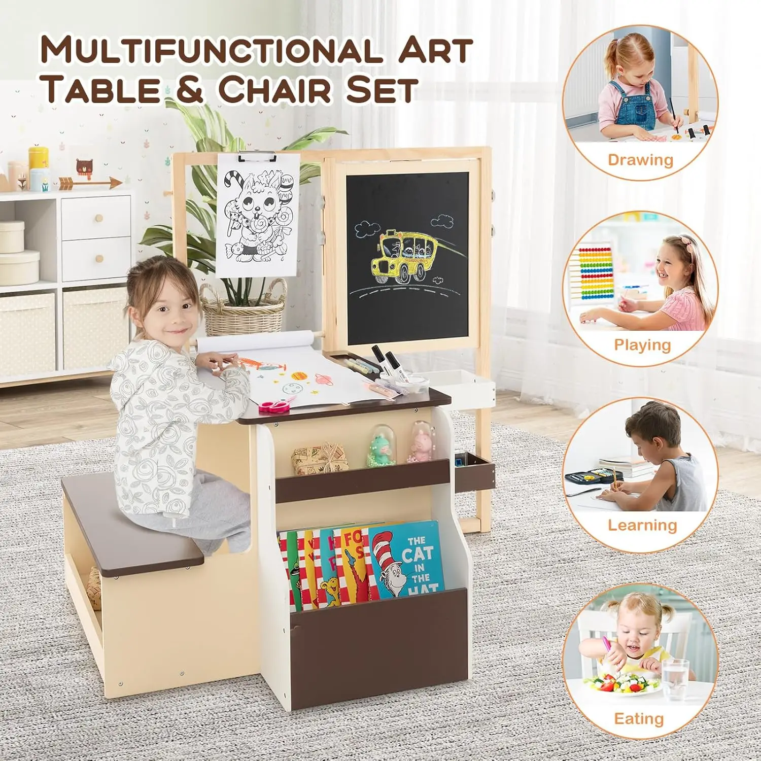 Easel for Kids, Wooden Art Center with Double-Sided Blackboard & Whiteboard, Paper Roll for Drawing, Crafts, Writing, Toddler Activity Table with Storage, Kids Table and Chair Set (Brown)