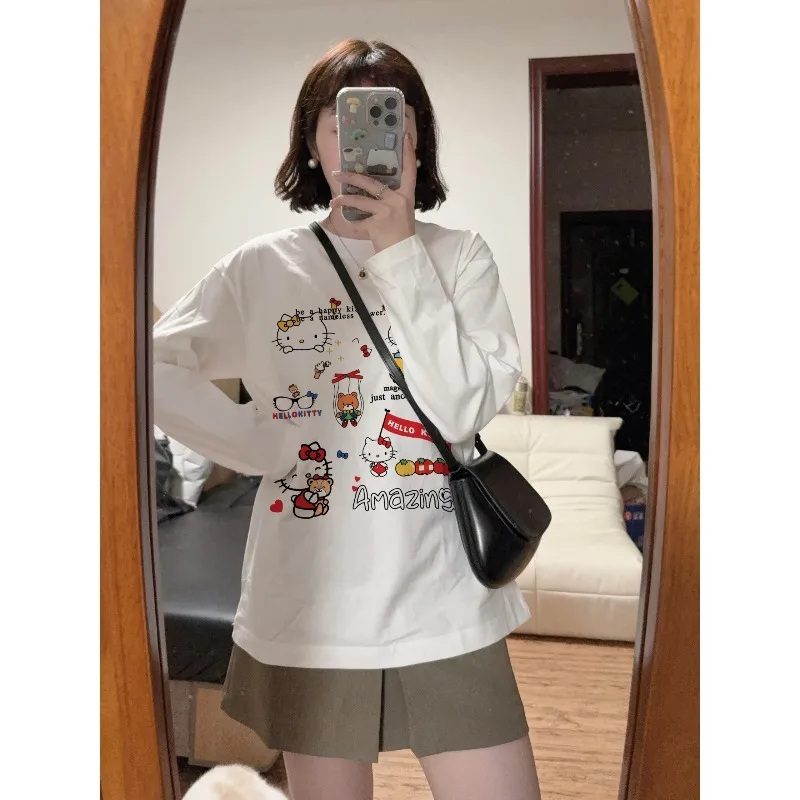 HELLO Kitty Sweet 3D Printed Round Neck Long Sleeve T-shirt Women's Spring and Autumn Thin Loose Lazy Quick Drying Top