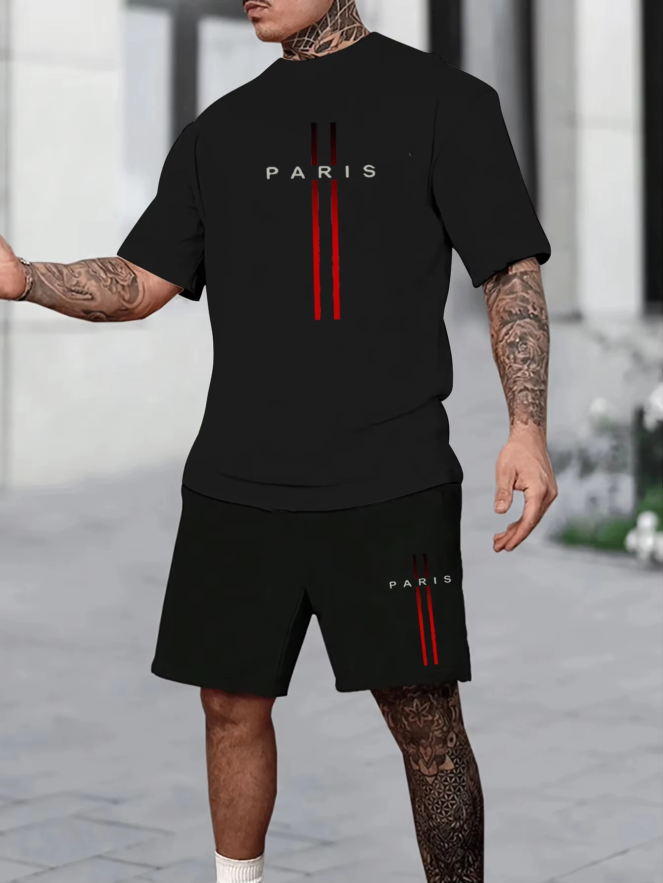 

Summer Men's 100% Cotton Casual Loose Version Large Size PARIS Letter Pattern Printed Crew Neck T-Shirt Shorts Two-piece Set