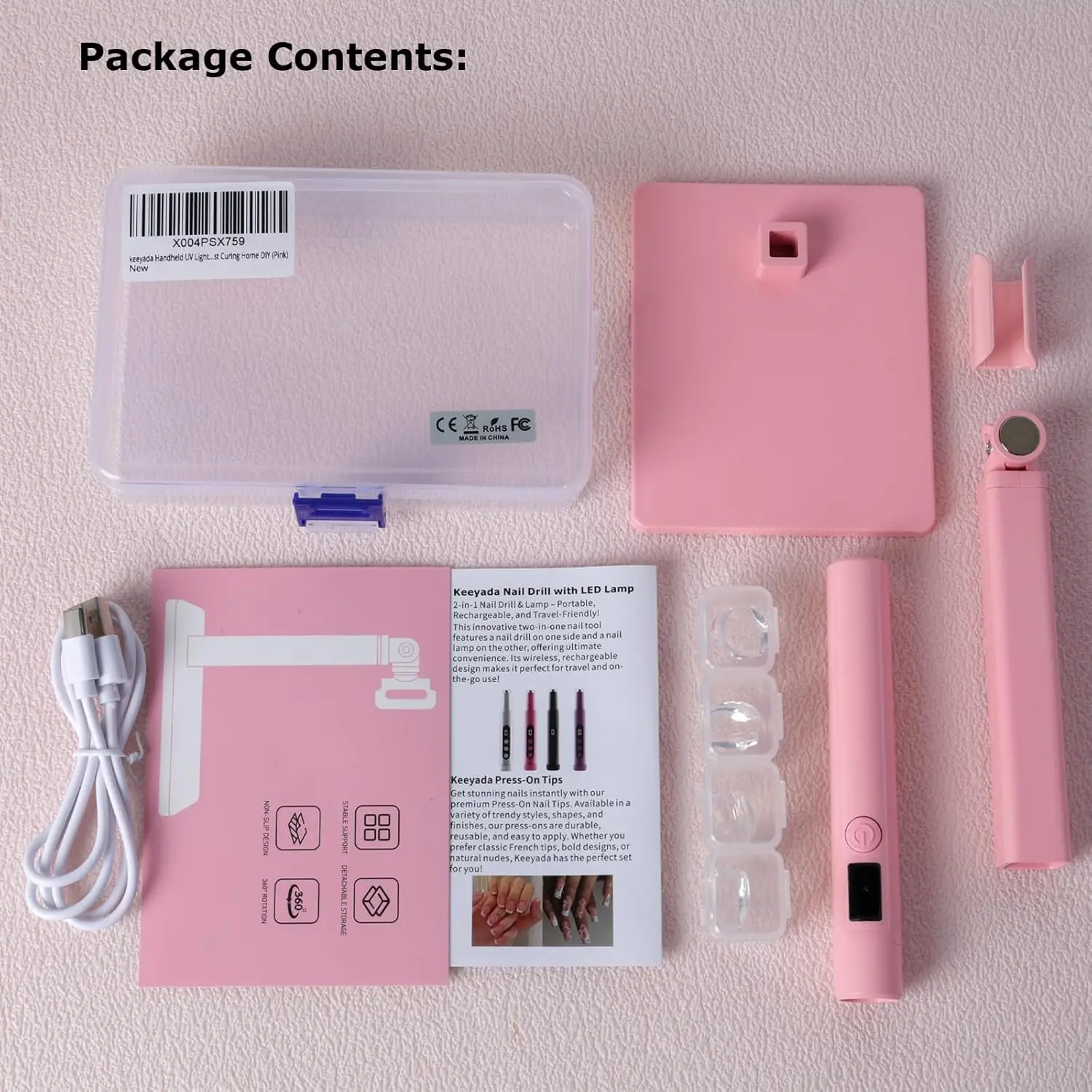 Portable UV Nail Lamp with Stand, 3W LED Dryer, Rechargeable USB, Silicone Stamper & LCD Display (Pink)