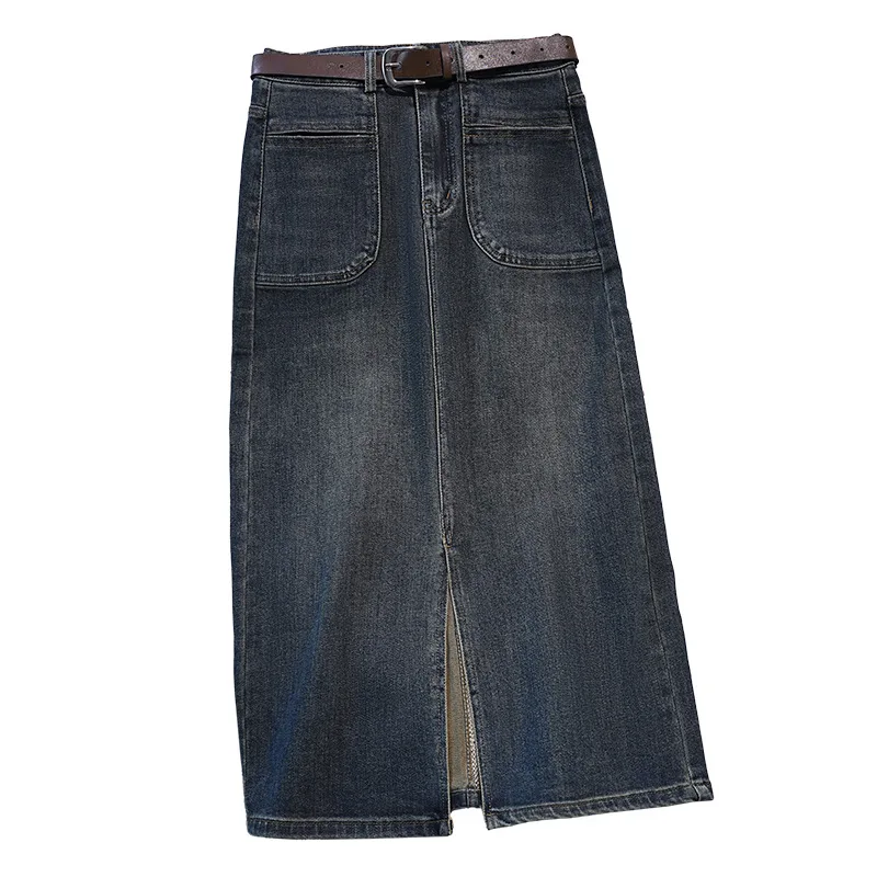 تنورة كلاسيكية من الدنيم الأزرق للنساء صيفية عصرية بفتحة أمامية عالية الخصر للتخسيس على شكل حرف A